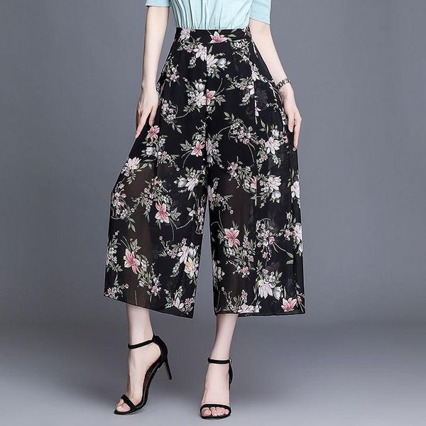 

women's pants & capris 2021 summer women elastic high waist wide leg chiffon pant plus size korean tie dyed printed casual loose straig, Black;white