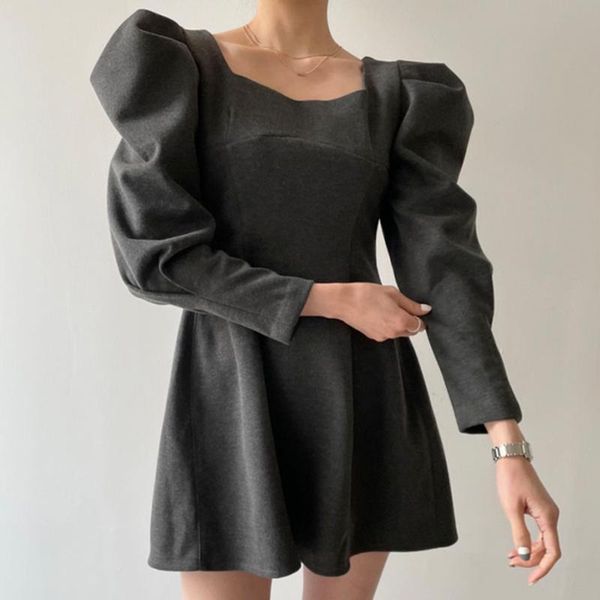 

casual dresses [ewq] 2021 spring female elegante square collar solid color long puff sleeve minimalist empire ruffles a-line dress 8q897, Black;gray