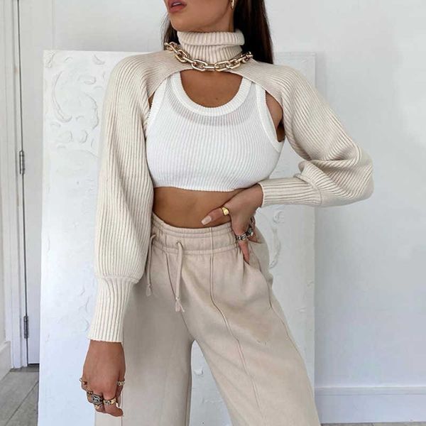 

women's knits & tees women knitted turtleneck collar lantern sleeve solid loose knitting crop sweater female casual high stre, White