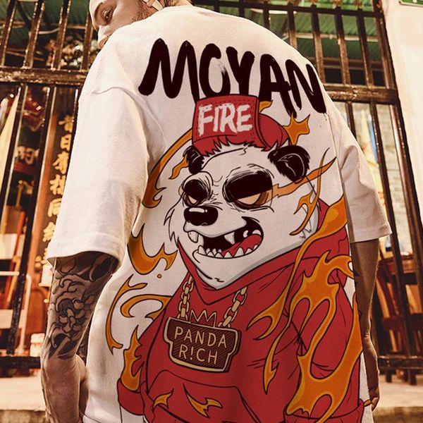 

men's t-shirts hip hop tees t-shirt chinese style panda harajuku loose men t shirt casual summer oversized male punk clothes, White;black