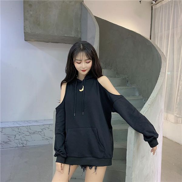 

women's hoodies & sweatshirts harajuku black sweatshirt japanese punk gothic off shoulder women fashion long pullovers streetwear