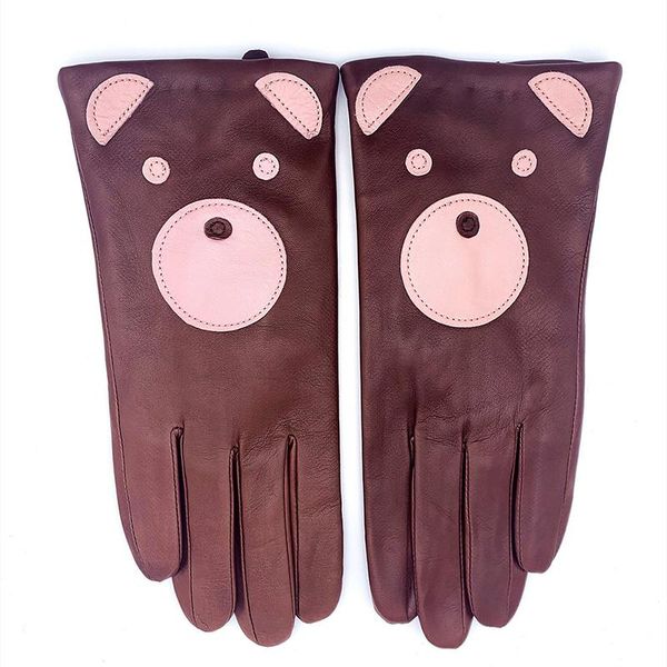 

five fingers gloves fashion winter genuine leather couple animal pattern warm glove cute for women panda bear guantes s2613, Blue;gray