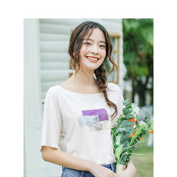 

women's t-shirt t shirts summer linen-cotton round collar dropped shoulder sleeve loose printed t-shirt lwql, White