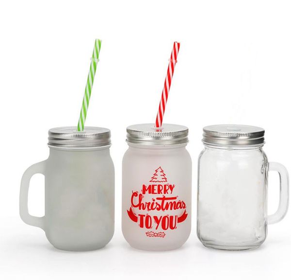 Sublimação de vidro em branco mason jar diy copos de óculos com tampas herméticas de metal prata bebendo copo alimentos armazenamento de alimentos pedreiro 400ml