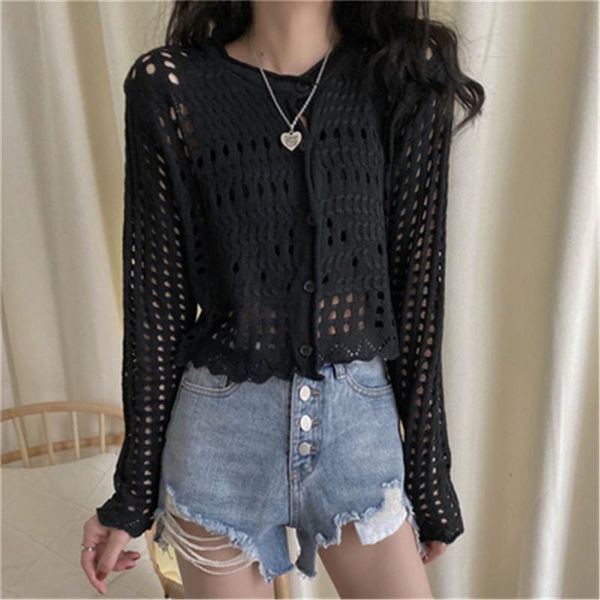 

women's knits & tees hollow out solid ladies fashion korean basic cardigan women leisure slim vintage elegant o-neck all-match, White