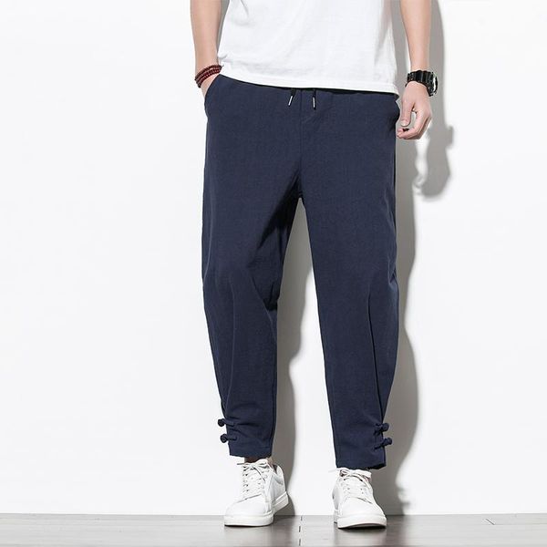

chinese style cotton men's pants jogger men linen comfortable male trousers casual full streetwear, Black