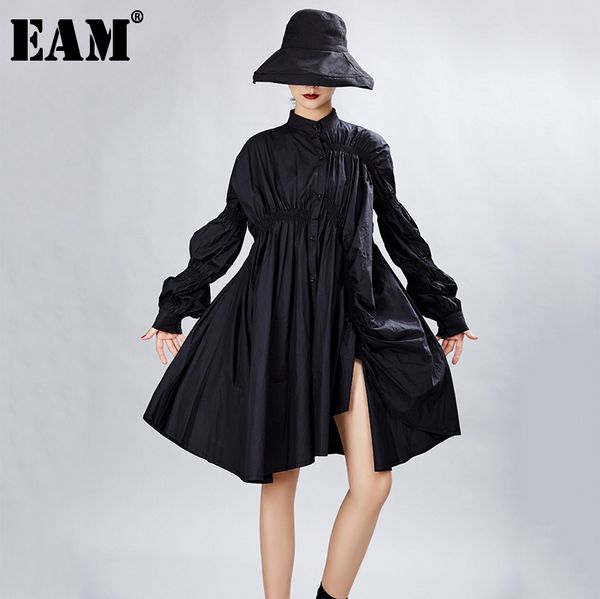 

[eam] women big size oversize pleated dress stand neck long lantern sleeve loose fit fashion spring autumn 1a331 21512, Black;gray