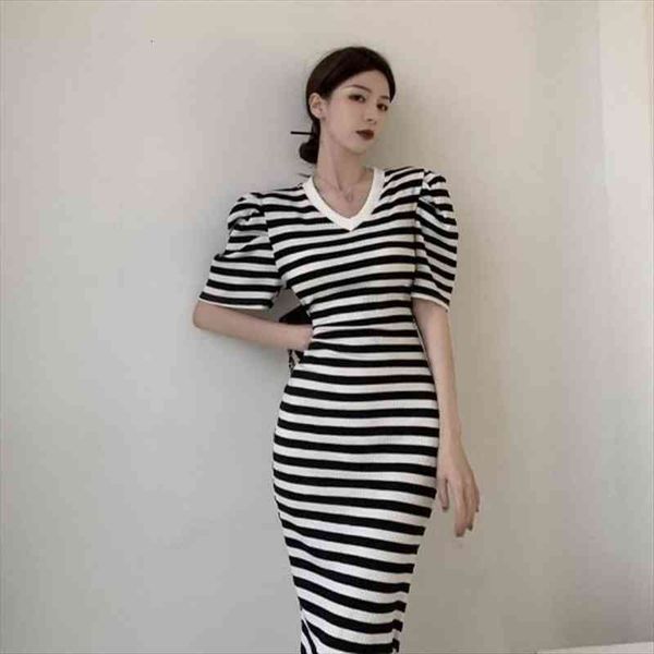 

dresses women back split v neck puff short sleeve black white striped knitted wrap hip fashion retro casual vestidos chic, Black;gray