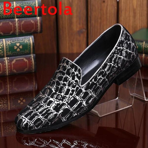 

dress shoes brand beertola stone pattern leather men's flats heel slip-on men business style male flat bottom man, Black