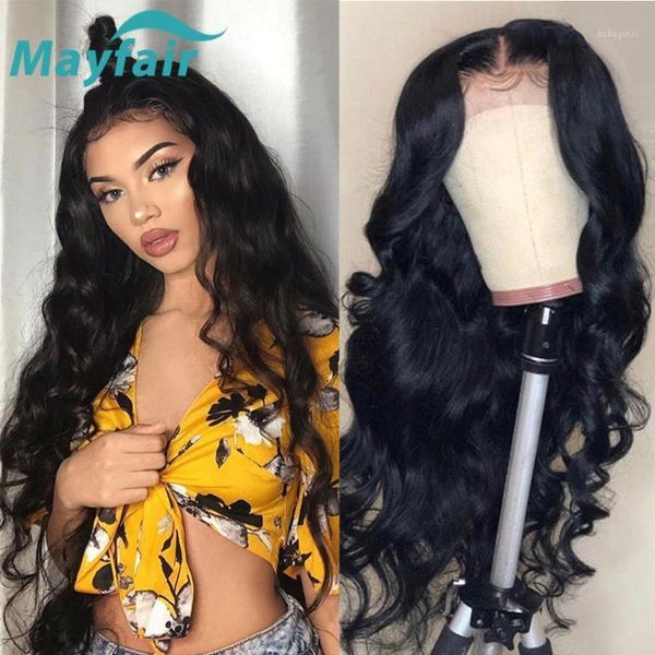 

mayfair body wave human hair wigs lace front wig 4x4 13x4 long frontal brazilian non-remy natural color1, Black;brown