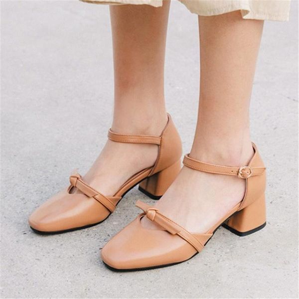 

plus size 34-43 lady chunky block med heels sandals 2021 summer square toe ankle strap bowtie office dress women shoes, Black