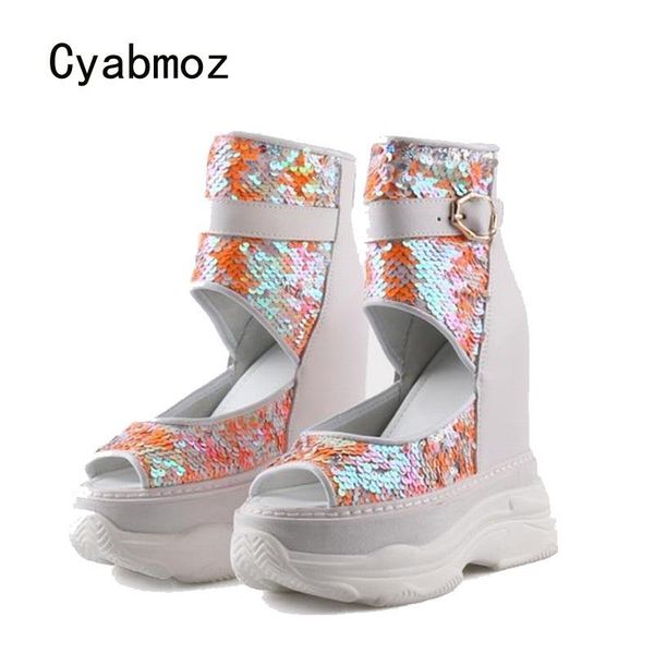 

dress shoes cyabmoz height increasing woman pumps women high heels sequins mixed color peep toe zip party ladies tenis feminino, Black