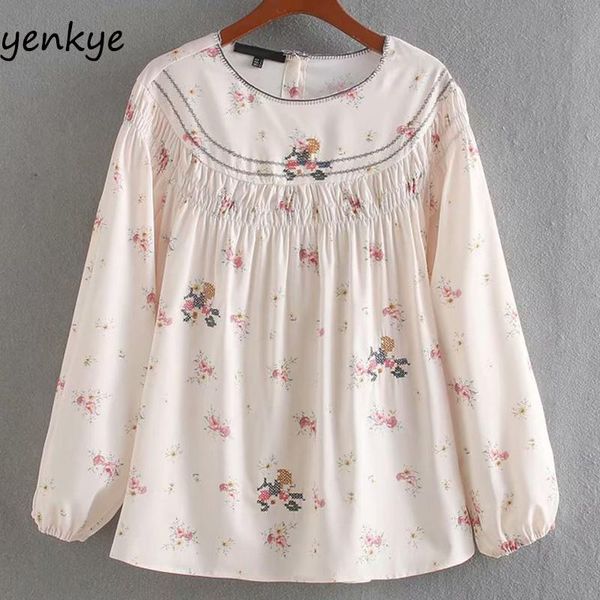 

women's blouses & shirts 2021 women floral print embroidery blouse long sleeve round neck casual summer plus size ccwm9570, White