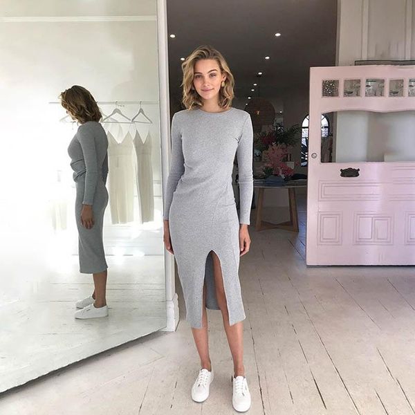 

casual dresses omsj 2021 autumn fashion dress irregular solid color loose round neck split slim pullover long sleeve woman party, Black;gray