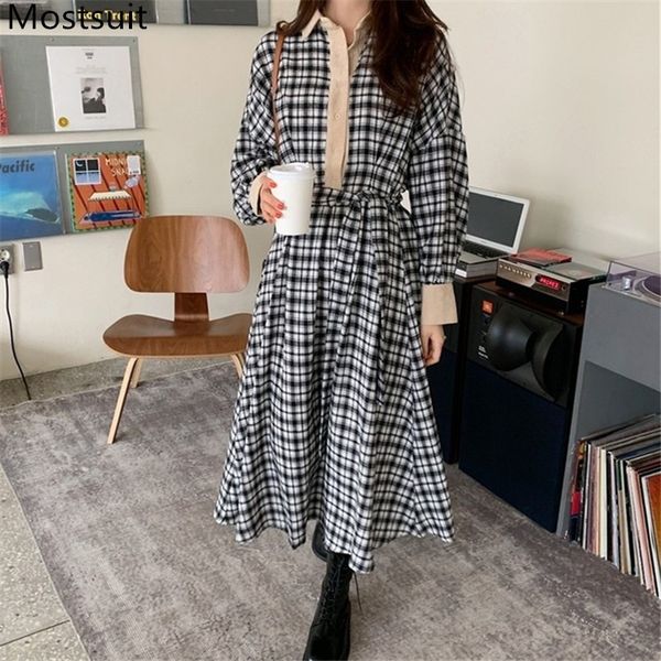 

korean plaid women long dress spring full sleeve single-breasted belted dresses casual fashion female vestidos femme 210518, Black;gray