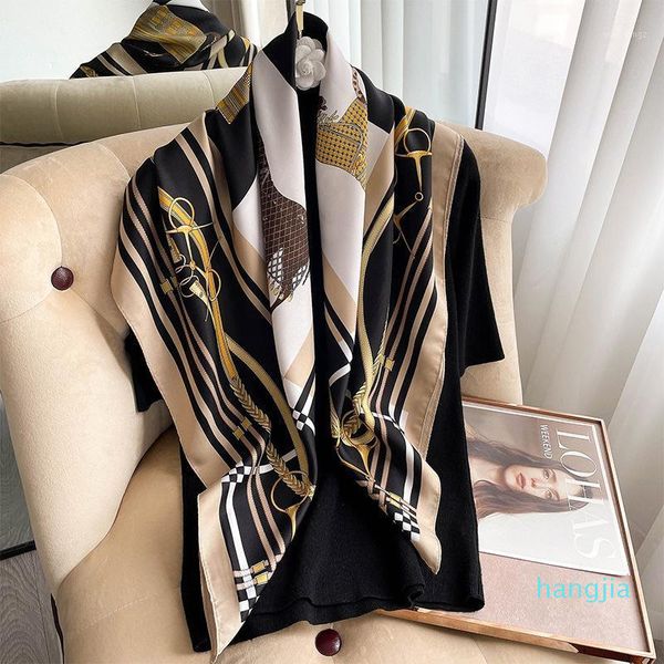 

scarves silk scarf square 90*90cm women retro chain neck scarfs foulard bandana hijab lady soft satin ties1, Blue;gray