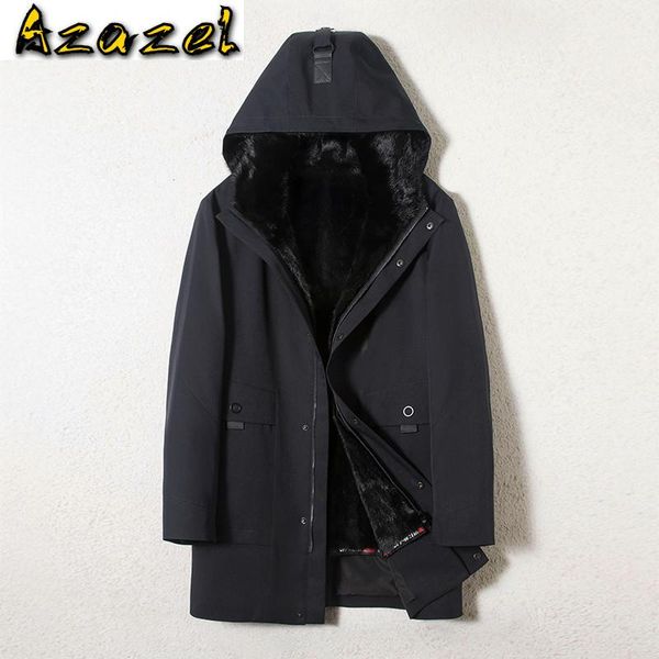 

men's leather & faux azazel 2021 winter real fur coat men parka natural mink liner sleeve parkas luxury mens jacket 905-1 kj3300, Black