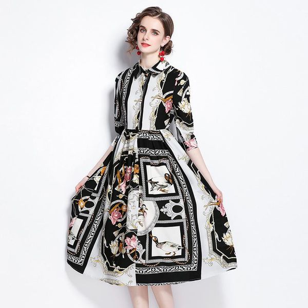 

casual dresses zuoman women autumn elegant dress shirt long office lady party robe femme runway vinatge designer a-line vestido, Black;gray