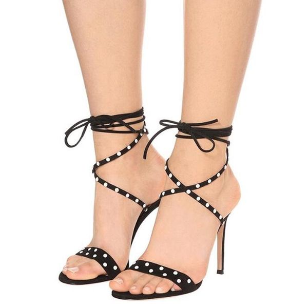 

dress shoes ladies footwear luxury bling glittering pearls lace-up gladiator sandals rhinestone high heel wedding, Black
