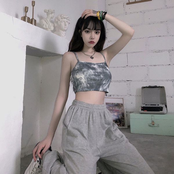 

sweet cool girl women's summer new bra short tie dye slim suspender vest fashion, White