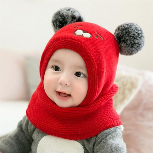 

baby knit short plush inlayer hooded scarf kid hat and child winter warm protection ear girl boy cute pom cap caps & hats, Yellow