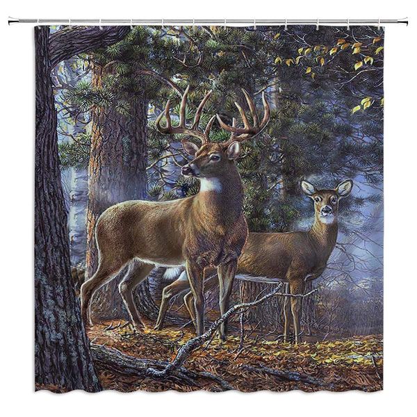 

reindeer shower curtain wild animal pine tree safari deer fallen leaves autumn forest foggy woodland elk blue fabric bath