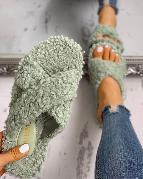 

plush women slippers casual comfortable flip flops female fur slides house home outdoor ladies walking shoes warm size 35-43, Black