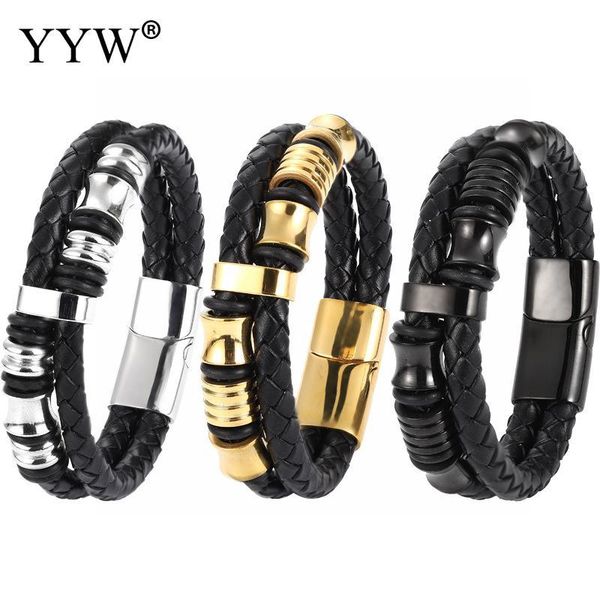 

link, chain fashion stainless steel charm magnetic black men bracelet pu leather braided punk rock bangles jewelry accessories friend