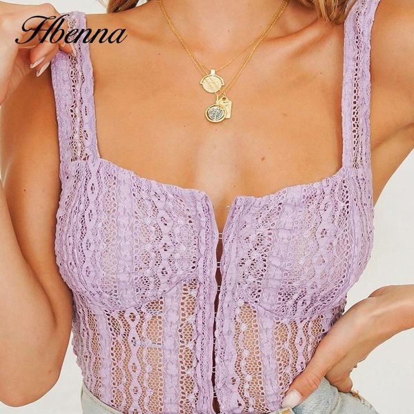 

hbenna lace camis women see-through mesh crop purple slash button sleeveless elegant summer 2021 solid women's tanks &, White