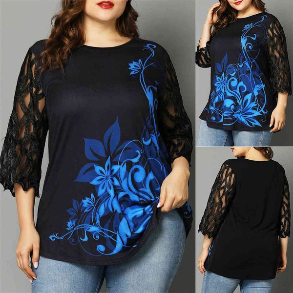 

Plus size Dresses 2021 T-shirt Large Print Mesh Stitching Top for Women, Black