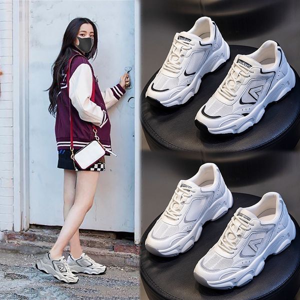 

sports shoes women's summer 2021 casual through the net running single thick soled raised leather daddy, Black;white