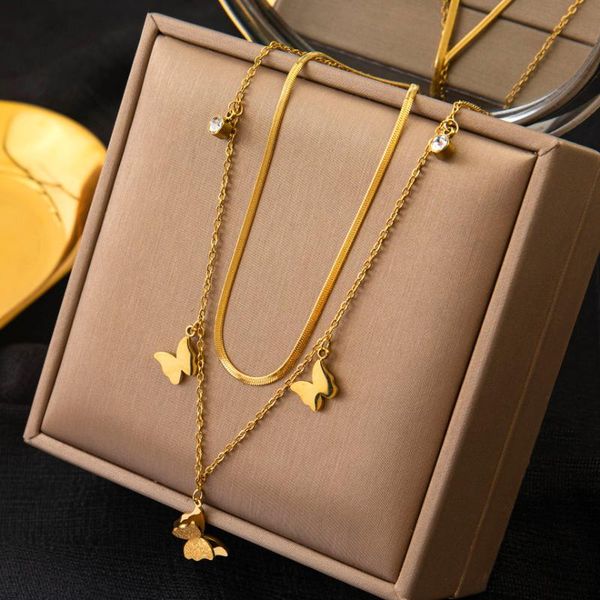 

chains 316l stainless steel 2 layer matte butterfly zircon charms chain choker necklace for women fashion fine jewelry birthday gift, Silver