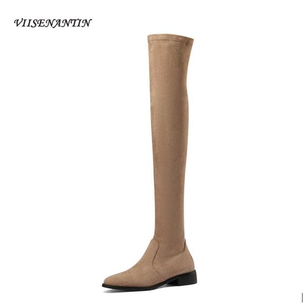 

boots 2021 autumn and winter round head suede low-heeled fashion thick-soled sleeve 3cm flat over the knee elastic, Black