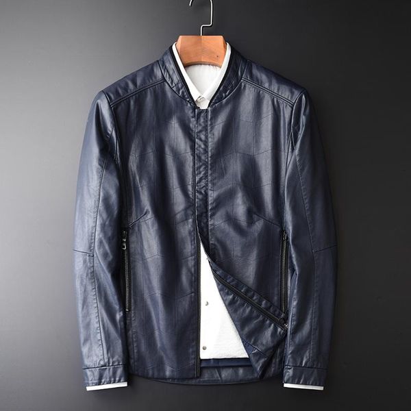

men's fur & faux fashion pu leather coats hight quality slim stand collar simple solid color blue jackets m-4xl, Black