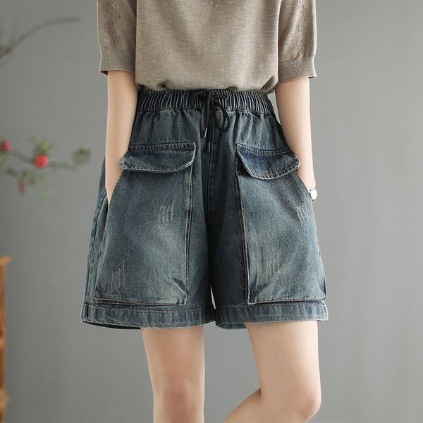 

women's shorts denim big pocket oversize vintage wide leg short pants woman summer casual elastic waist jeans 653b, White;black