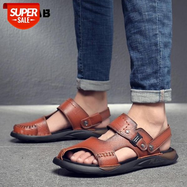 

genuine leather sandals men male comfortable shoes flats black brown slip-on mens sandals summer beach #1h17