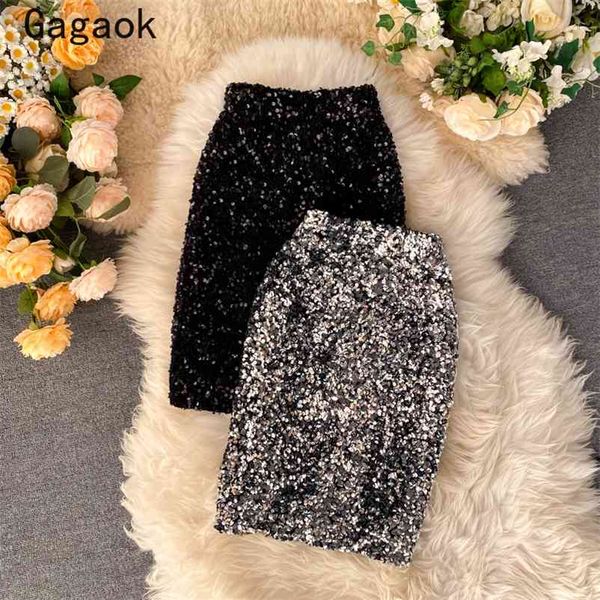 

women & club fashion skirt summer solid sequins empire mini slim bodycon chic wild female korean skirts 210531, Black