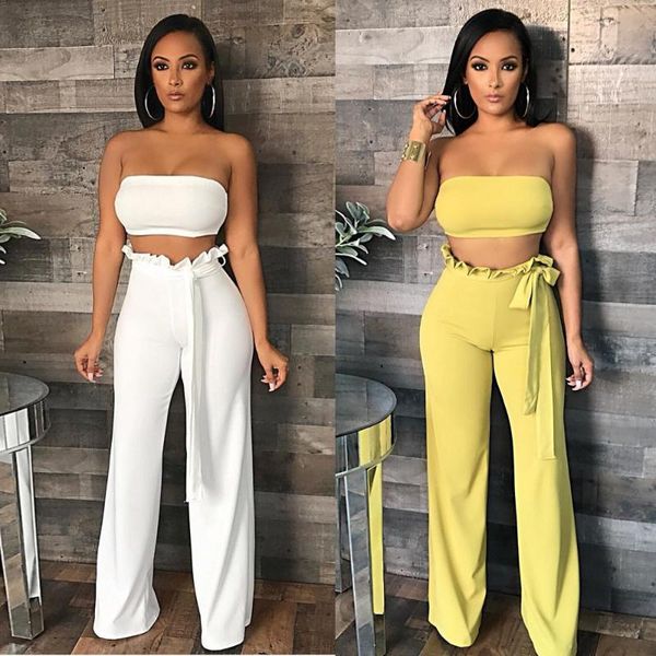 

crop and pants two piece set white yellow ruffles wide with belt matching sets summer african clothes for women women's tracksuits, Gray