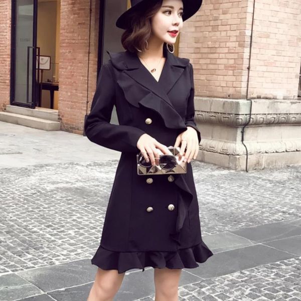 

casual dresses vintage a line knee-length women dress elegant office ladies dresse ruffled sleeve solid femme vestidos na18, Black;gray