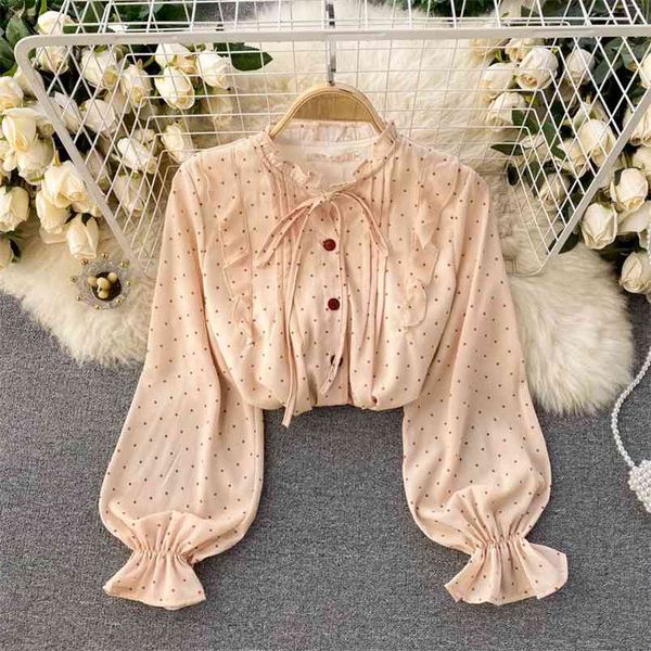 

spring french retro polka dot blouse female round neck wood ear bubble sleeve blusa loose wild sweet fashion shirt c481 210507, White