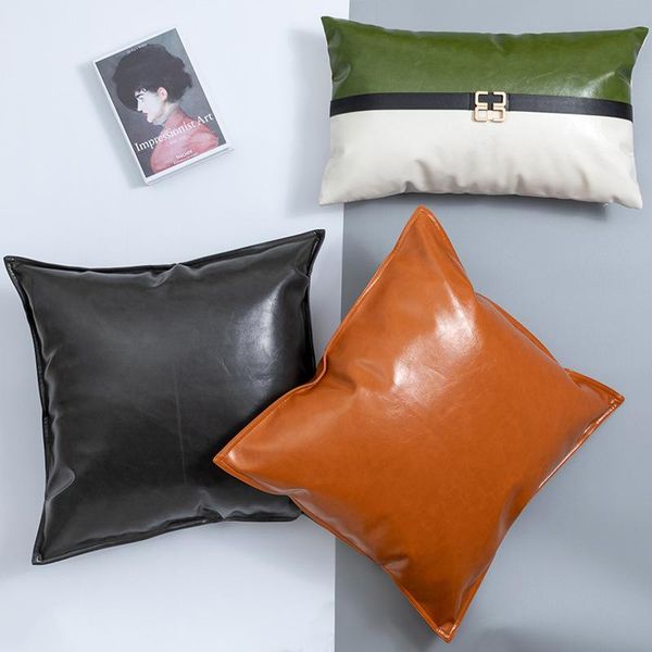 

modern plain pu leather cushion cover square plaid stitching orange pillow case home decor for room sofa cushion/decorative