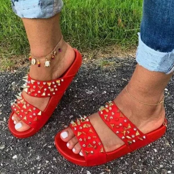 

punk rivet women slippers flat heel summer outdoor solid slides open toe beach sandals casual fashion shoes, Black