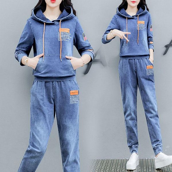 

two piece dress cowdy set denim women 2021 casual hooded pant suits and winter autumn outfit clothing matching jeans 2 pc sets, White