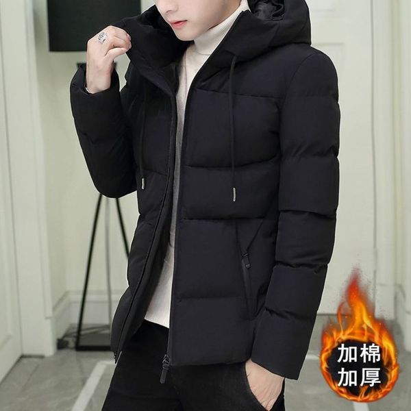

2019 winter new men's down teenagers Korean version slim fit hooded bread thickened et for men, Black