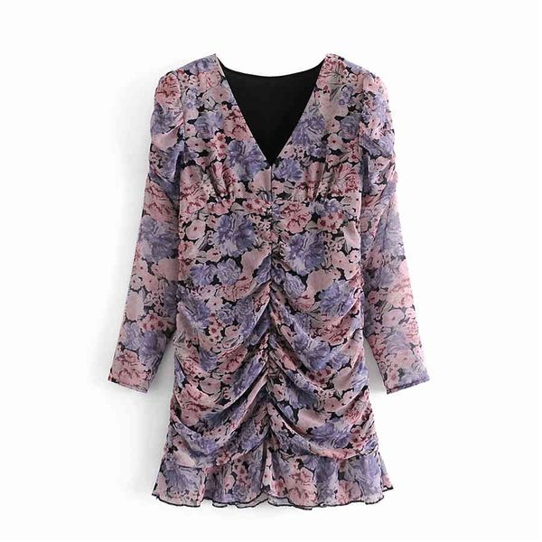 

elegant women v-neck draped dresses 2l020 autumn fashion ladies floral print ruffles dress sweet female chic slim mini vestidos 210427, Black;gray