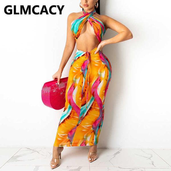 

abstract printed halter & bodycon maxi skirt set two piece suits 210702, White