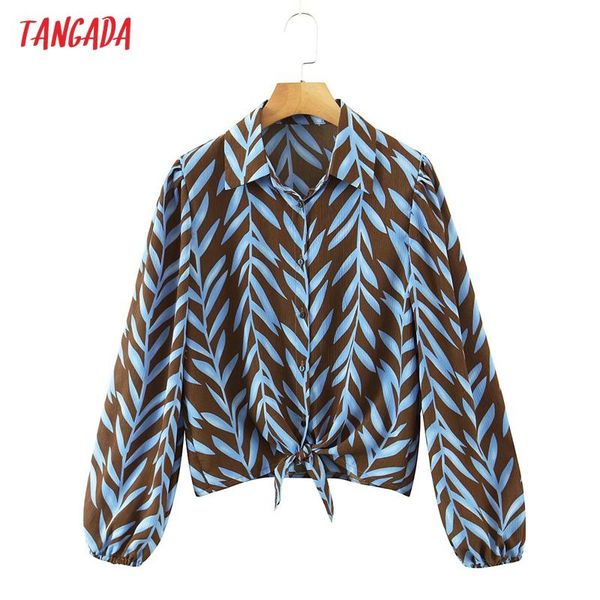 

women's blouses & shirts tangada women vintage leaves print bow crop shirt long sleeve 2021 chic female casual sl352, White