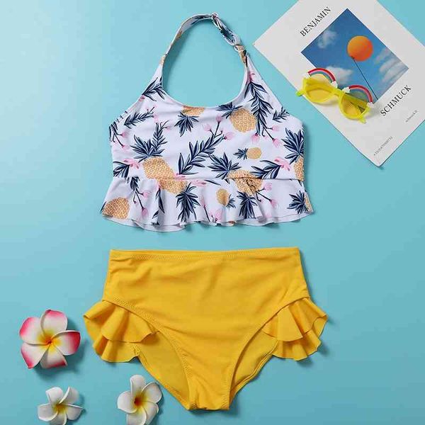 

2021 new pineapple print high waist children's split swimsuit, Yellow