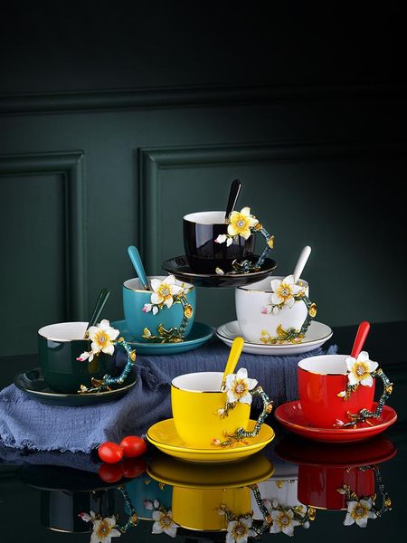 

mugs creative blue rose enamel ceramic mug tea cup coffee butterfly painted flower water cups with spoon set