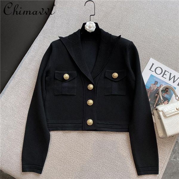 

women's jackets 2021 fall clothing french style retro design suit collar brass buckle long sleeve knitted coat short feminine, Black;brown